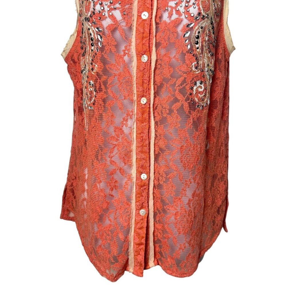 Y2K‎ Miss Me Boho Rhinestone Lace Button up Blouse Cottagecore Rodeo Country L - Picture 5 of 11